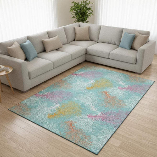 HomeRoots 9' X 12' Aqua Orange Pink Geometric Area Rug - Washable, UV Protected, Stain Resistant & Stylish 645743