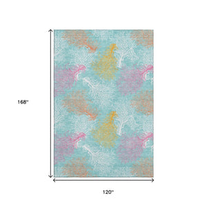 HomeRoots 10' X 14' Vibrant Aqua Orange Pink Geometric Washable Area Rug with UV Protection for High-Traffic Spaces 645744