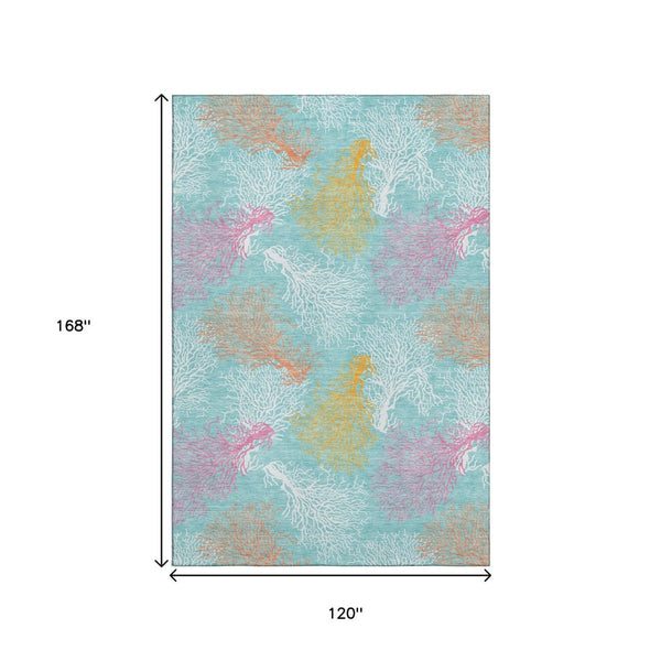 HomeRoots 10' X 14' Vibrant Aqua Orange Pink Geometric Washable Area Rug with UV Protection for High-Traffic Spaces 645744