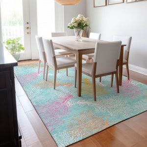 HomeRoots 10' X 14' Vibrant Aqua Orange Pink Geometric Washable Area Rug with UV Protection for High-Traffic Spaces 645744