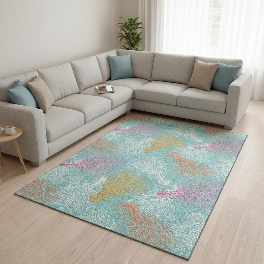 HomeRoots 10' X 14' Vibrant Aqua Orange Pink Geometric Washable Area Rug with UV Protection for High-Traffic Spaces 645744