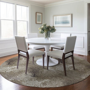 HomeRoots 8' Modern Coastal Latte Ivory Gray Geometric Washable Round Rug - Stain-Resistant & UV Protected 645753