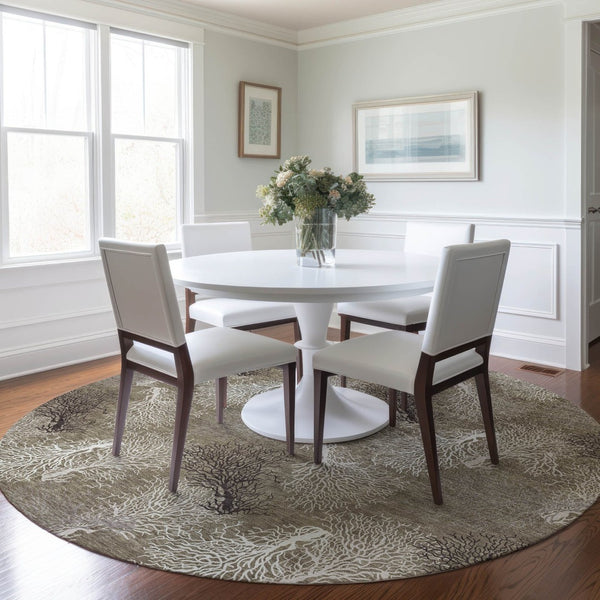 HomeRoots 8' Modern Coastal Latte Ivory Gray Geometric Washable Round Rug - Stain-Resistant & UV Protected 645753