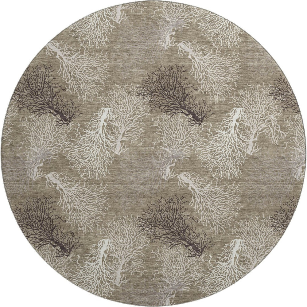 HomeRoots 8' Modern Coastal Latte Ivory Gray Geometric Washable Round Rug - Stain-Resistant & UV Protected 645753