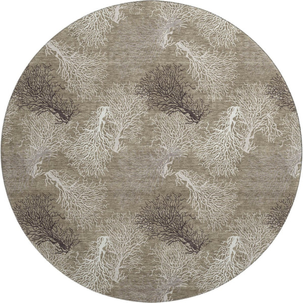 HomeRoots 8' Modern Coastal Latte Ivory Gray Geometric Washable Round Rug - Stain-Resistant & UV Protected 645753