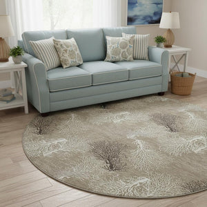 HomeRoots 8' Modern Coastal Latte Ivory Gray Geometric Washable Round Rug - Stain-Resistant & UV Protected 645753