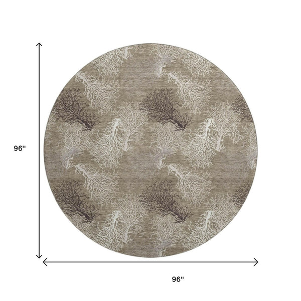 HomeRoots 8' Modern Coastal Latte Ivory Gray Geometric Washable Round Rug - Stain-Resistant & UV Protected 645753
