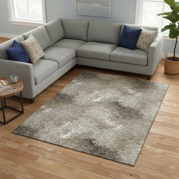 HomeRoots 8' X 10' Stylish Latte Ivory & Gray Geometric Area Rug - Washable, UV-Protected, Pet-Friendly Design 645754
