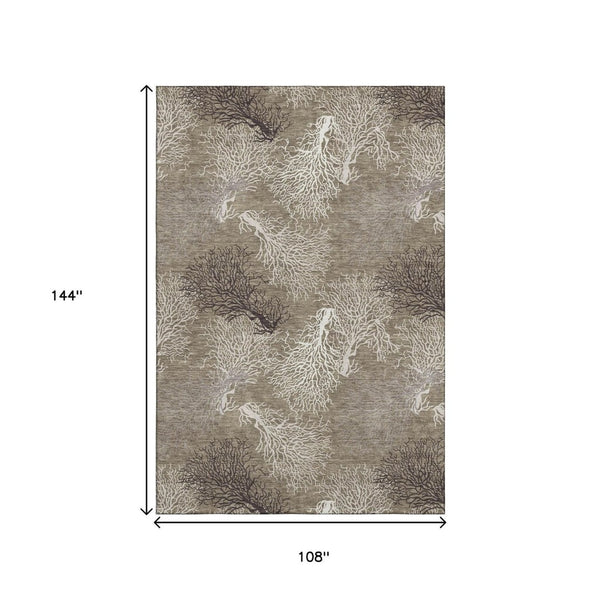 HomeRoots 9' X 12' Coastal-Inspired Geometric Washable Area Rug in Soft Latte, Ivory & Gray – UV Protected! 645755