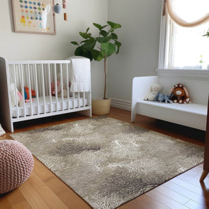 HomeRoots 9' X 12' Coastal-Inspired Geometric Washable Area Rug in Soft Latte, Ivory & Gray – UV Protected! 645755