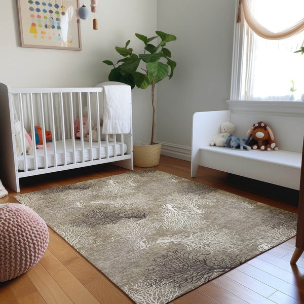 HomeRoots 9' X 12' Coastal-Inspired Geometric Washable Area Rug in Soft Latte, Ivory & Gray – UV Protected! 645755