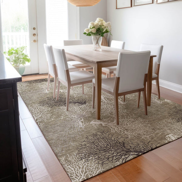 HomeRoots 9' X 12' Coastal-Inspired Geometric Washable Area Rug in Soft Latte, Ivory & Gray – UV Protected! 645755