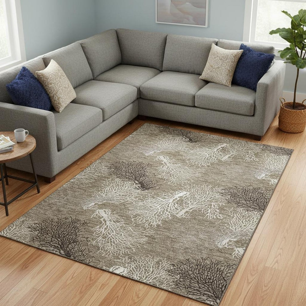 HomeRoots 9' X 12' Coastal-Inspired Geometric Washable Area Rug in Soft Latte, Ivory & Gray – UV Protected! 645755
