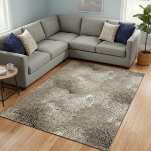 HomeRoots 9' X 12' Coastal-Inspired Geometric Washable Area Rug in Soft Latte, Ivory & Gray – UV Protected! 645755