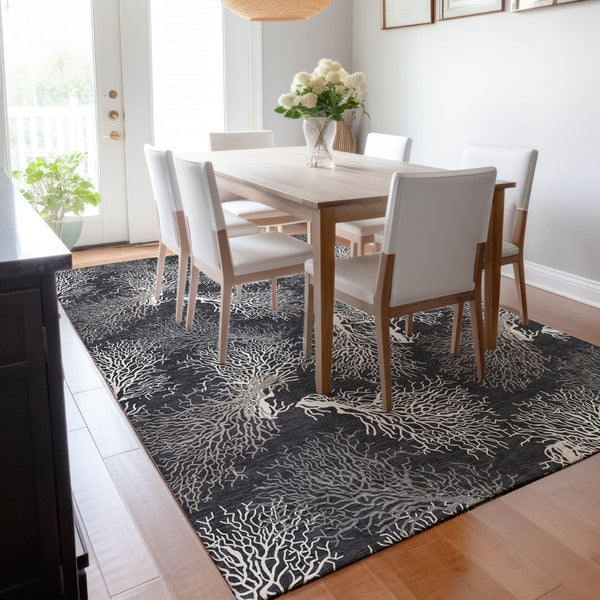 HomeRoots 5' X 8' Stylish Midnight and White Geometric Area Rug - Washable, UV Protected, Durable Design! 645758