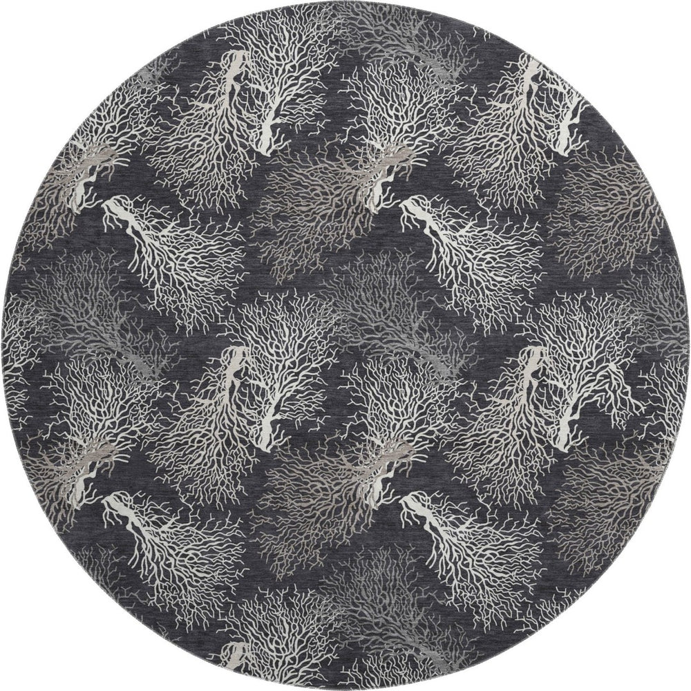 HomeRoots 8' Midnight and White Geometric Round Rug - Washable, UV Protected, Stylish for High-Traffic Areas 645759