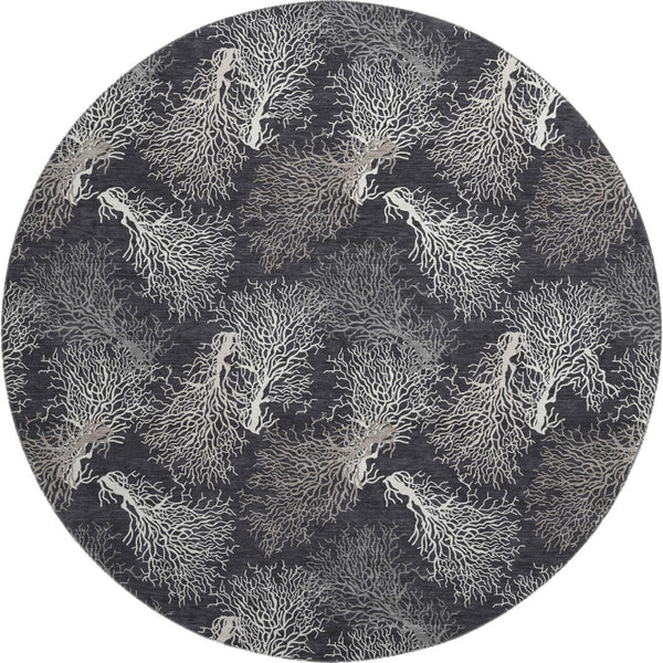 HomeRoots 8' Midnight and White Geometric Round Rug - Washable, UV Protected, Stylish for High-Traffic Areas 645759