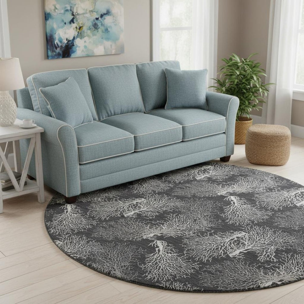 HomeRoots 8' Midnight and White Geometric Round Rug - Washable, UV Protected, Stylish for High-Traffic Areas 645759