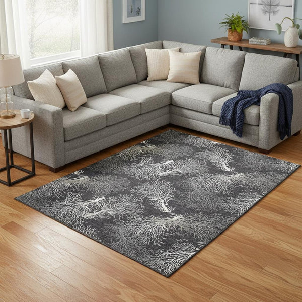 HomeRoots 9' X 12' Stylish Midnight And White Geometric Area Rug – Washable, UV-Protected, Stain Resistant Design 645761