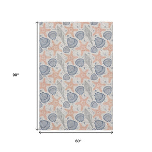 HomeRoots 5' X 8' Stylish Peach Ivory & Navy Blue Geometric Washable Area Rug with UV Protection for Homes 645764