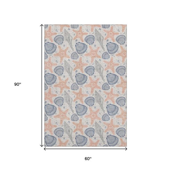 HomeRoots 5' X 8' Stylish Peach Ivory & Navy Blue Geometric Washable Area Rug with UV Protection for Homes 645764