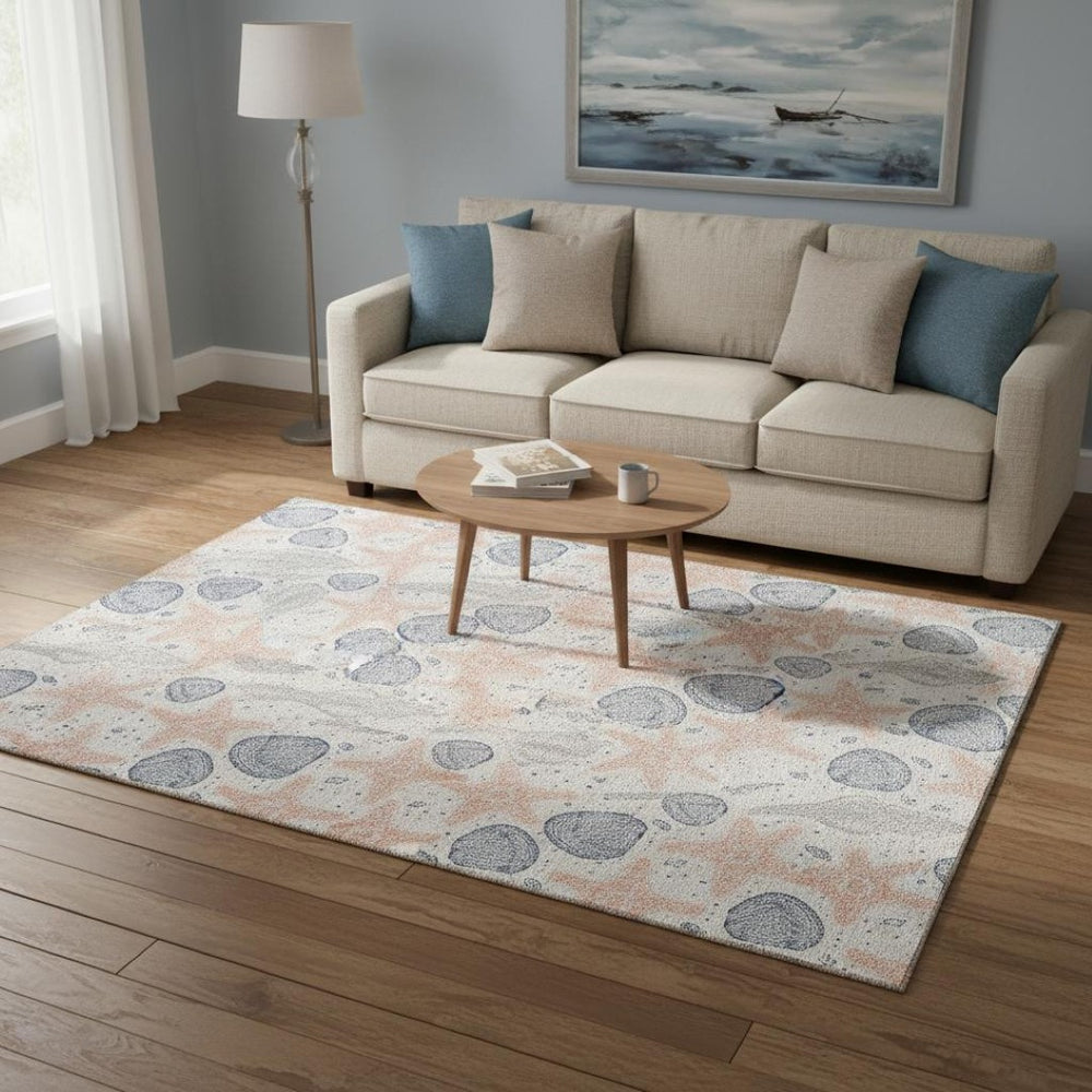 HomeRoots 5' X 8' Stylish Peach Ivory & Navy Blue Geometric Washable Area Rug with UV Protection for Homes 645764