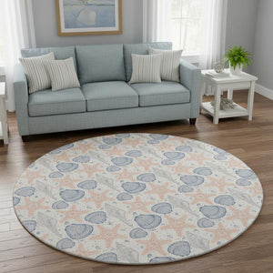 HomeRoots 8' Coastal-Inspired Peach, Ivory & Navy Blue Geometric Washable Round Rug with UV Protection & Durability 645765