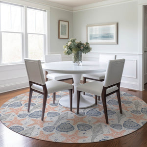 HomeRoots 8' Coastal-Inspired Peach, Ivory & Navy Blue Geometric Washable Round Rug with UV Protection & Durability 645765