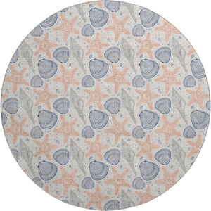 HomeRoots 8' Coastal-Inspired Peach, Ivory & Navy Blue Geometric Washable Round Rug with UV Protection & Durability 645765