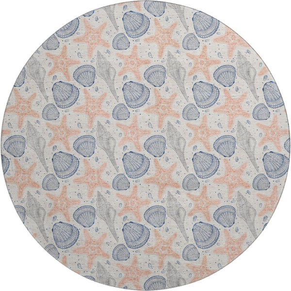 HomeRoots 8' Coastal-Inspired Peach, Ivory & Navy Blue Geometric Washable Round Rug with UV Protection & Durability 645765