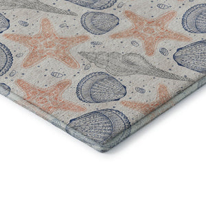 HomeRoots 8' Coastal-Inspired Peach, Ivory & Navy Blue Geometric Washable Round Rug with UV Protection & Durability 645765