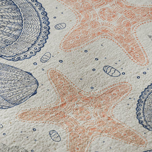 HomeRoots 8' Coastal-Inspired Peach, Ivory & Navy Blue Geometric Washable Round Rug with UV Protection & Durability 645765