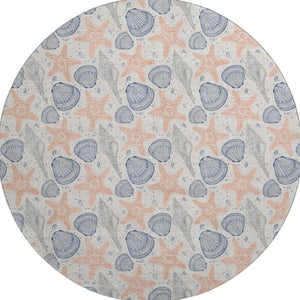 HomeRoots 8' Coastal-Inspired Peach, Ivory & Navy Blue Geometric Washable Round Rug with UV Protection & Durability 645765