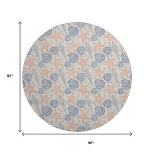 HomeRoots 8' Coastal-Inspired Peach, Ivory & Navy Blue Geometric Washable Round Rug with UV Protection & Durability 645765