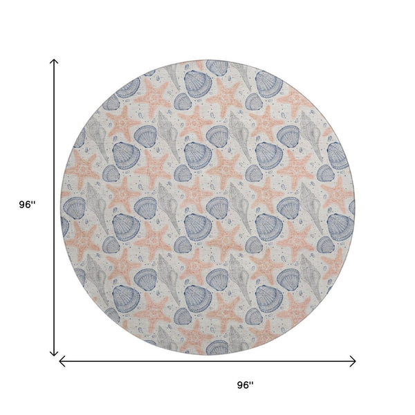 HomeRoots 8' Coastal-Inspired Peach, Ivory & Navy Blue Geometric Washable Round Rug with UV Protection & Durability 645765