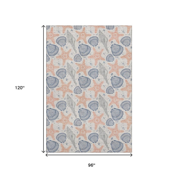 HomeRoots 8' X 10' Modern Peach Ivory Navy Geometric Area Rug - Washable, UV Protected & Stain Resistant! 645766