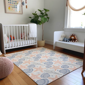 HomeRoots 8' X 10' Modern Peach Ivory Navy Geometric Area Rug - Washable, UV Protected & Stain Resistant! 645766