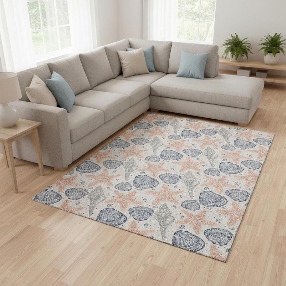 HomeRoots 8' X 10' Modern Peach Ivory Navy Geometric Area Rug - Washable, UV Protected & Stain Resistant! 645766