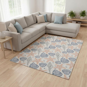 HomeRoots 8' X 10' Modern Peach Ivory Navy Geometric Area Rug - Washable, UV Protected & Stain Resistant! 645766