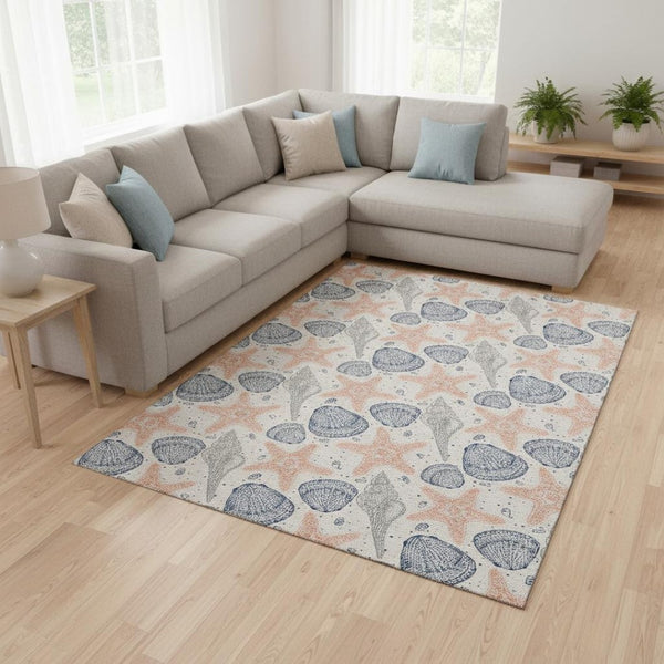 HomeRoots 8' X 10' Modern Peach Ivory Navy Geometric Area Rug - Washable, UV Protected & Stain Resistant! 645766