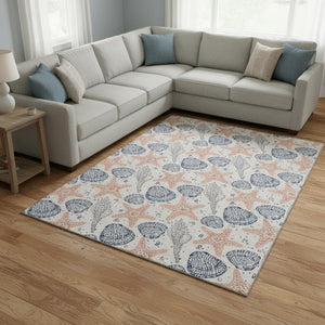 HomeRoots 9' X 12' Stylish Peach & Navy Geometric Area Rug - Washable, UV-Protected, Durable for High Traffic Areas 645767