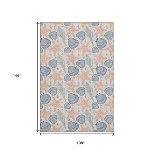 HomeRoots 9' X 12' Stylish Peach & Navy Geometric Area Rug - Washable, UV-Protected, Durable for High Traffic Areas 645767