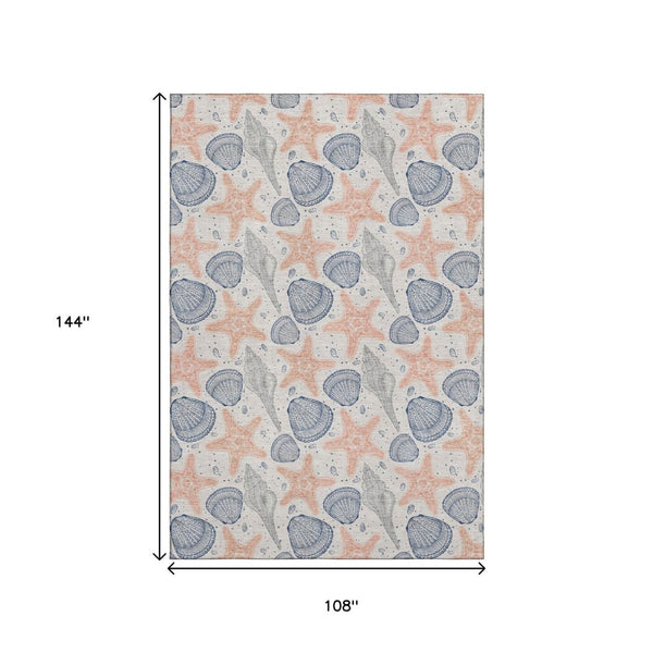 HomeRoots 9' X 12' Stylish Peach & Navy Geometric Area Rug - Washable, UV-Protected, Durable for High Traffic Areas 645767