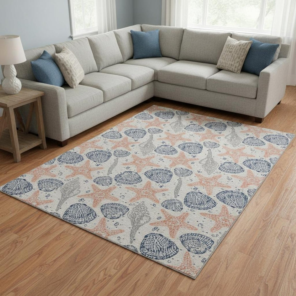HomeRoots 10' Geometric Peach Ivory & Navy Blue Washable Area Rug - UV Protected, Stain Resistant & Durable 645768
