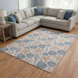 HomeRoots 10' Geometric Peach Ivory & Navy Blue Washable Area Rug - UV Protected, Stain Resistant & Durable 645768
