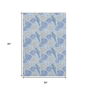 HomeRoots 5' X 8' Coastal-Inspired Blue & Beige Geometric Area Rug - Washable, UV Protection & Stain-Resistant 645770