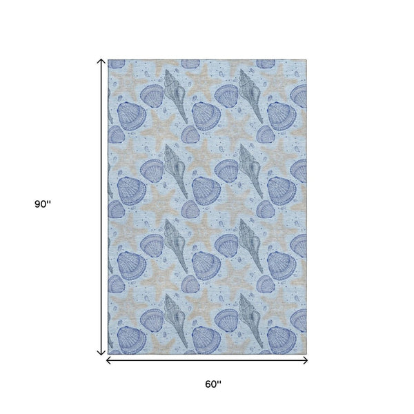 HomeRoots 5' X 8' Coastal-Inspired Blue & Beige Geometric Area Rug - Washable, UV Protection & Stain-Resistant 645770