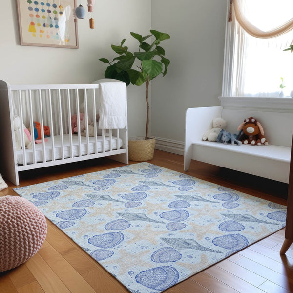 HomeRoots 5' X 8' Coastal-Inspired Blue & Beige Geometric Area Rug - Washable, UV Protection & Stain-Resistant 645770
