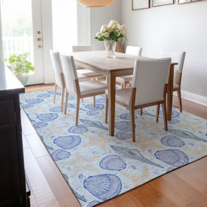 HomeRoots 5' X 8' Coastal-Inspired Blue & Beige Geometric Area Rug - Washable, UV Protection & Stain-Resistant 645770