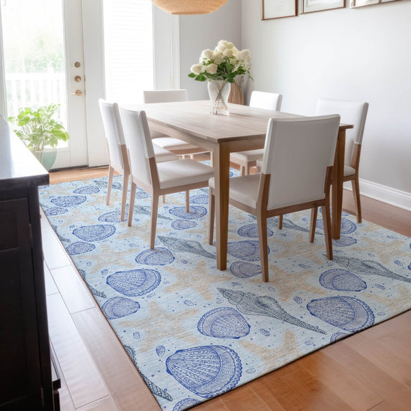HomeRoots 5' X 8' Coastal-Inspired Blue & Beige Geometric Area Rug - Washable, UV Protection & Stain-Resistant 645770